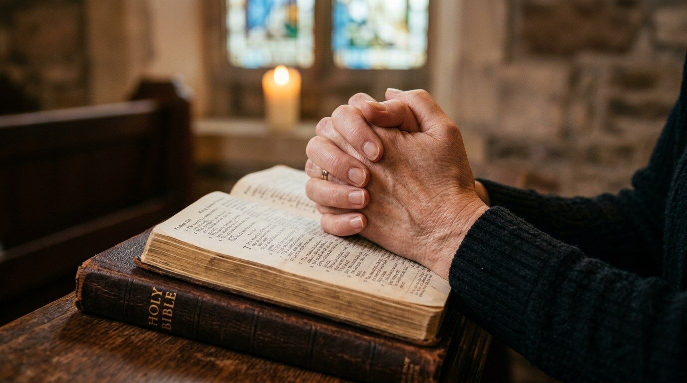 Hands folded in prayer over the Holy Bible